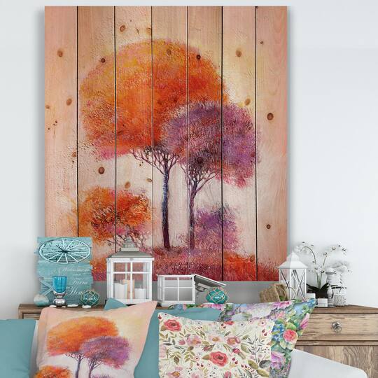 Designart - Colourful Trees Impression I - Traditional Print on Natural Pine Wood